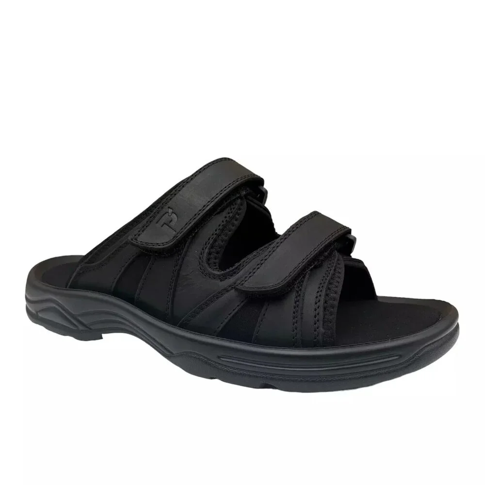 Propet Mens Slip-on Leather Sandal Size 10.5 Black Adjustable Straps Lightweight